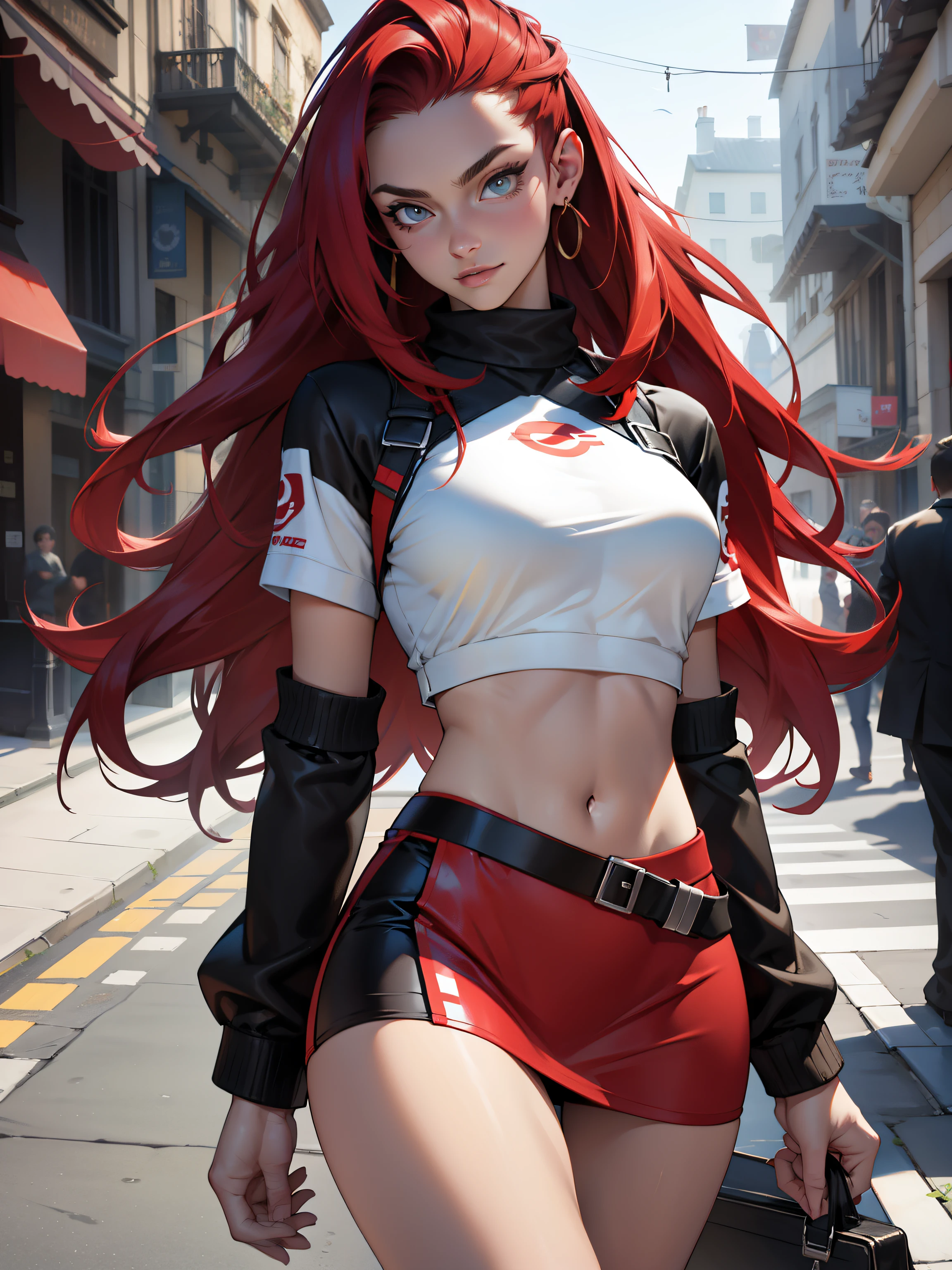 Photo, Best quality, high resolution 8k,most beautiful teenager,19 years old, white skin, ultra detailed, European, long hair, red hair,hair combed back,perfect body, exuberant exotic, erotic, slender arms, big breasts, narrow waist, slim thighs, thigh gap, very well detailed, tightmini skirt, crop top, Jessie pokemon, 
