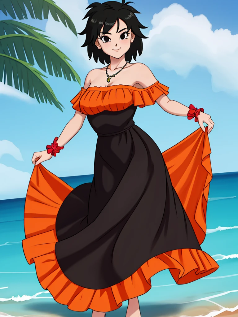 Gine as a flamenco dancer, masterpiece, best quality, ultra detailed, 8k, 4k, half body, cowboy shot, Gine, 1 girl, solo, smile, looking at viewer, full body, black hair, short hair, holding her skirt, bare shoulder, bare arms, medium breast, necklace, seductive, strapless, a flamenco dress, orange ruffle off the shoulder attire, orange off the shoulder top, black maxi dress, beach, ocean, sunny day.