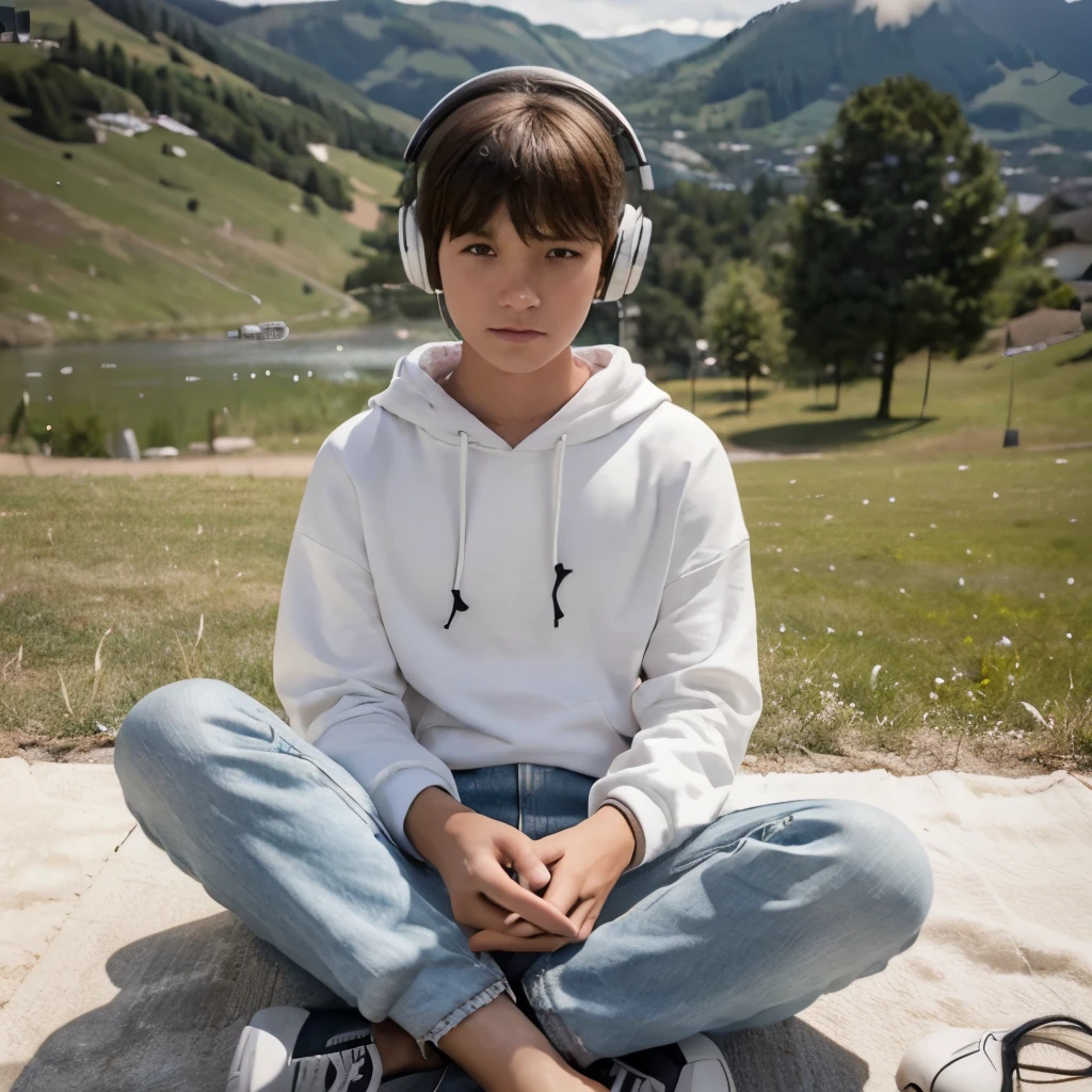 3d realistic photo of a young boy wi , wearing white hoodie and jean short pant,sitting on the grass and playing guitar, headphones over ear,a mac book is on the floor infront of her, with beautiful moutain view ,realistic photo,64k, high quality