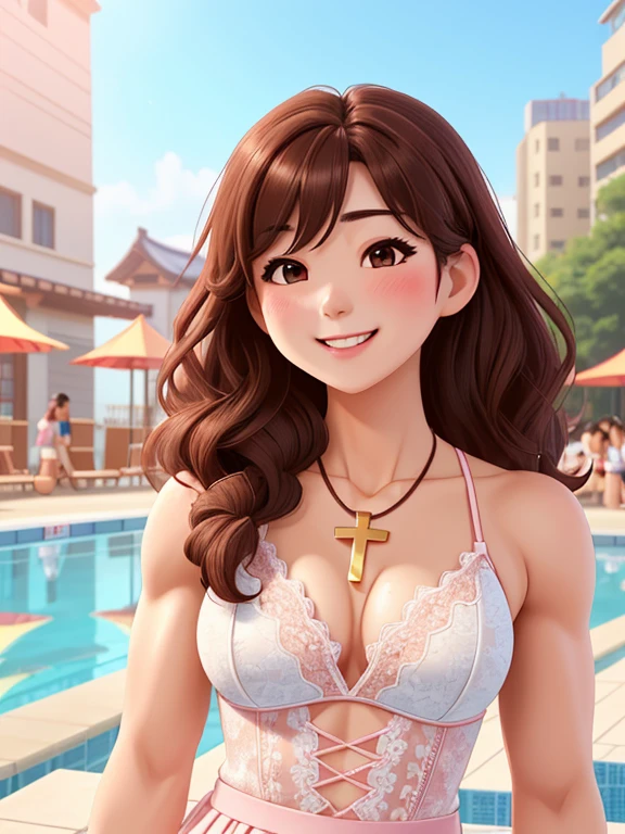 attractive korean woman, ripped muscle, muscular body, small breast, pale skin, smile(blush), lace dress, cross necklace, sixpack abs, [ultra detailed skin:1.2], brown hair, wavy hair, 8k uhd, full body, crowd, public, poolside, standing,