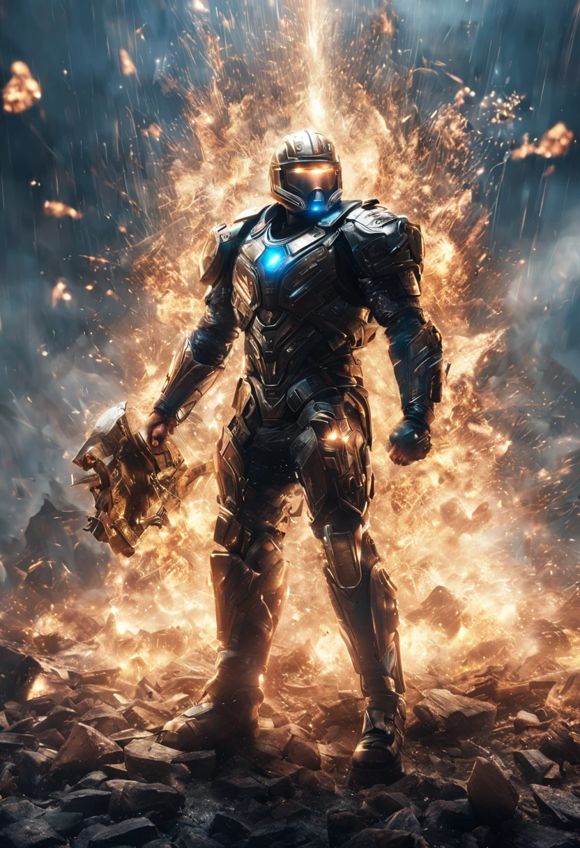 (highres,4k,professional)A soldier in a military base, holding the Hammer of Thor. He is surrounded by transparent lightning spheres, crackling with energy. The soldier is dressed in futuristic armor, with detailed metallic plating and advanced technology embedded. The panoramic view shows a battlefield with explosions and debris scattered around. The lighting is intense, with beams of light cutting through the smoke, emphasizing the chaos and intensity of the fight.