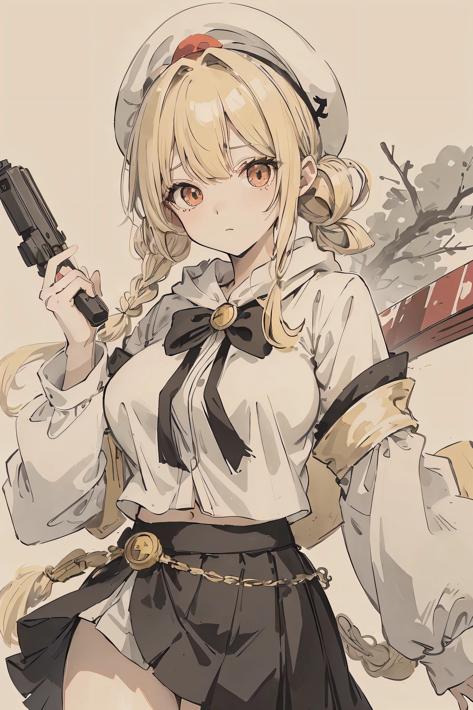 sparrow, a blonde haired girl, wearing a white hoody, medium hair, messy hair, black skirt, yellow hoody, slim body, she have a gun, medium breasts, she close her left eye, shirt ornament, lolippai, white beret, seductive face, beautiful breasts, rounded breasts, red eyes, braid hair