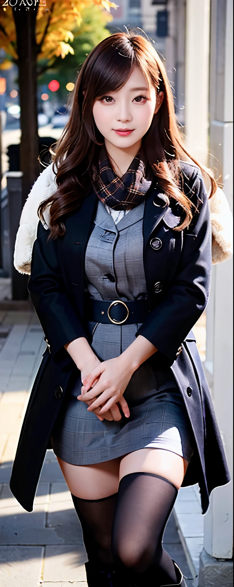 (8k, RAW photos, top quality, masterpiece: 1.2, ultra detailed, super resolution, real photos: 1.37), (Full body photo), 1 noble elegant Japanese lady, (standing contrapposte), winter season, ((black color coodinate, wearing over-size black coat, winter fluffy scarf, grey long skirt, black tights, wearing long boots)), Shiny, Smile, Looks like 1.8 meters tall, large pelvis, Large breasts, big cuvy hips, Thin waist, Long legs, skin hyper-detail, 20 years old, Perfect face, (Detailed facial features), Wavy hair:1.5, Daylight, autumn season, snazzy cafe,