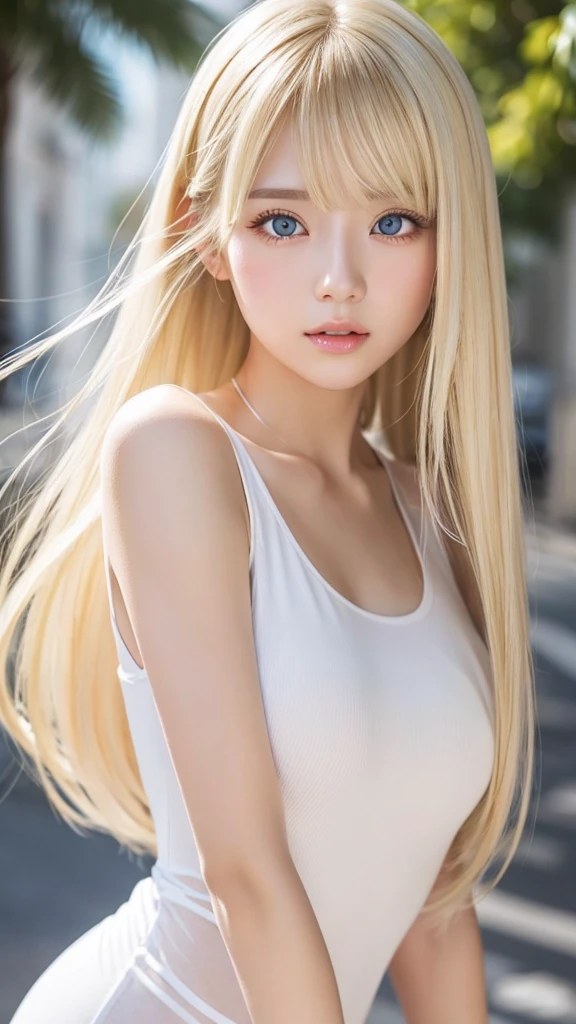 ponytail、silky white skin、sexy teen cute sexy little beautiful face、Glowing blonde dancing in front of cute face、Super long silky bangs that cover the eyes、Very beautiful bright light blue big eyes、very big eyes、blonde hiding her face、very long blonde hair、sexy cute young woman、Super long blonde shiny hair、blonde hair above the eyes、片blonde hair above the eyes、blonde between the eyes、very white bright glossy skin、cheek gloss highlight、very big bust