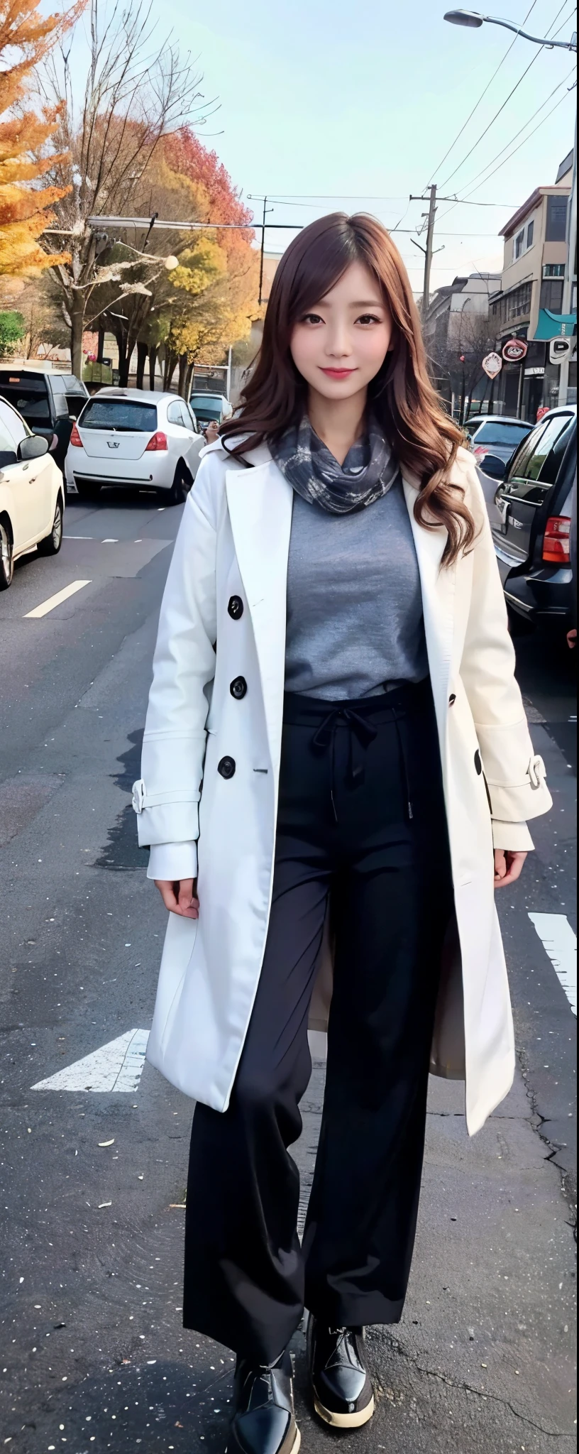 (8k, RAW photos, top quality, masterpiece: 1.2, ultra detailed, super resolution, real photos: 1.37), (Full body photo), 1 noble elegant Japanese lady, (standing contrapposte), winter season, ((black color coodinate, wearing over-size coat, winter fluffy scarf, grey long pants, wearing long boots)), Shiny, Smile, Looks like 1.8 meters tall, large pelvis, Large breasts, big cuvy hips, Thin waist, Long legs, skin hyper-detail, 20 years old, Perfect face, (Detailed facial features), Wavy hair, Daylight, autumn season, center of street,