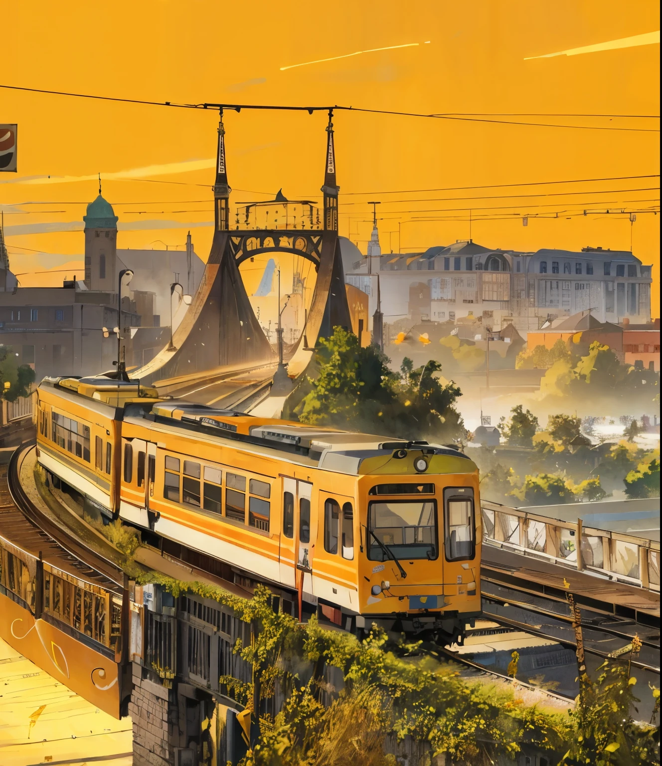 Alafid train running on the tracks,The background is a bridge, orange line, city charging, tramss, trains in the background, Environmental photography, cover shoot, tramss ) ) ), 2 0 2 2 photo, vienna city, meter, Vibrant environment, trams, photo