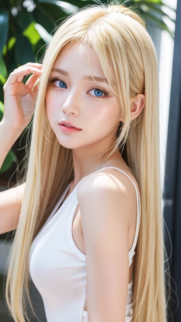 ponytail、silky white skin、sexy cute sexy little beautiful face、Glowing blonde dancing in front of cute face、Super long silky bangs that cover the eyes、Very beautiful bright light blue big eyes、very big eyes、blonde hiding her face、very long blonde hair、sexy cute young woman、Super long blonde shiny hair、blonde hair above the eyes、片blonde hair above the eyes、blonde between the eyes、very white bright glossy skin、cheek gloss highlight、very big bust