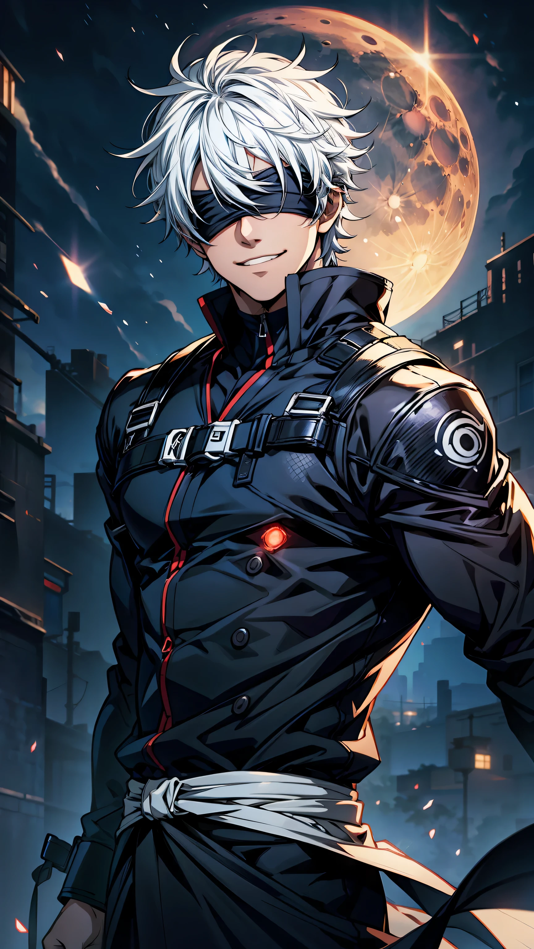 1boy, half body shot, perfect hand and fingers, satoru gojo, blindfold, black outfit, white hair, look at sky, smirk, red and blue moon city night background, wallpaper, cinematic,High resolution 8K, Bright light illumination, lens flare, sharpness, masterpiece, top-quality, The ultra -The high-definition, high resolution, extremely details CG, Anime style, Film Portrait Photography,masterpiece,hyperdetail