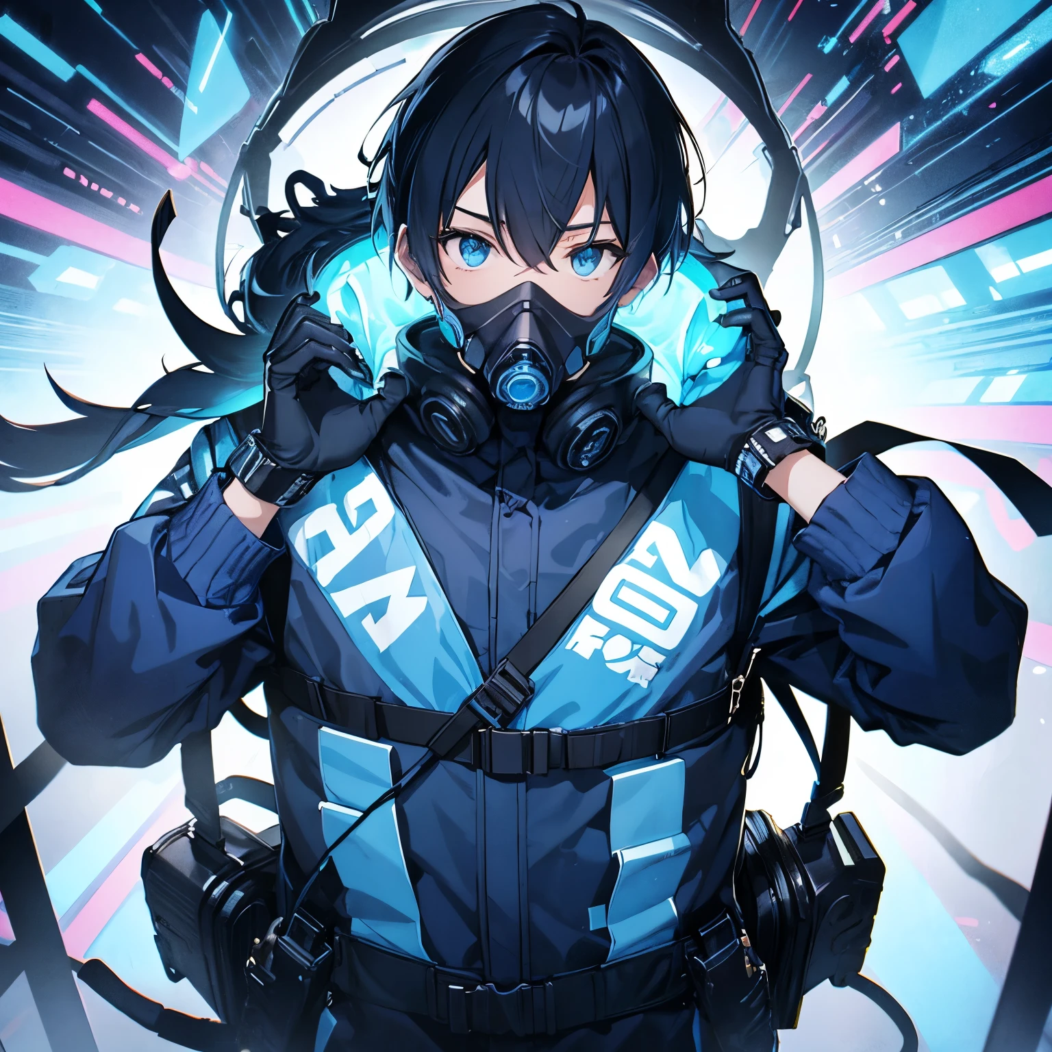 Cyber、gas mask、error、blue、black color、male、cool
