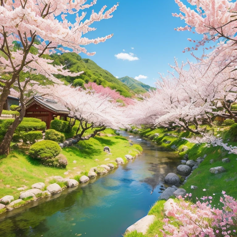 Create an illustration of a traditional Japanese village surrounded by cherry trees and rivers