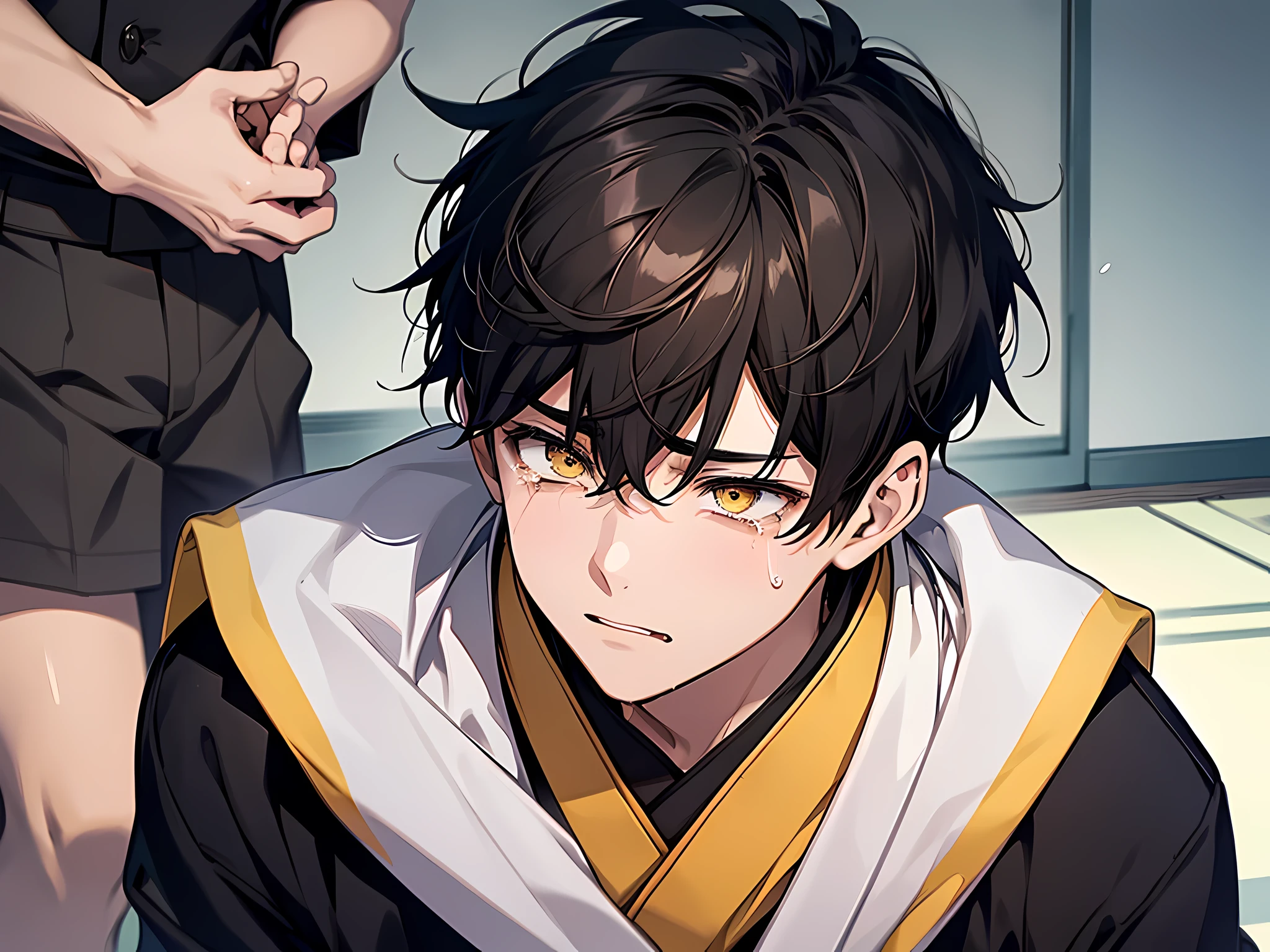 (1 boy) black short hair, yellow eyes, wearing boy japanese school uniform, crying, loser at school, victim of bullying, weak, helpless, the background is at school