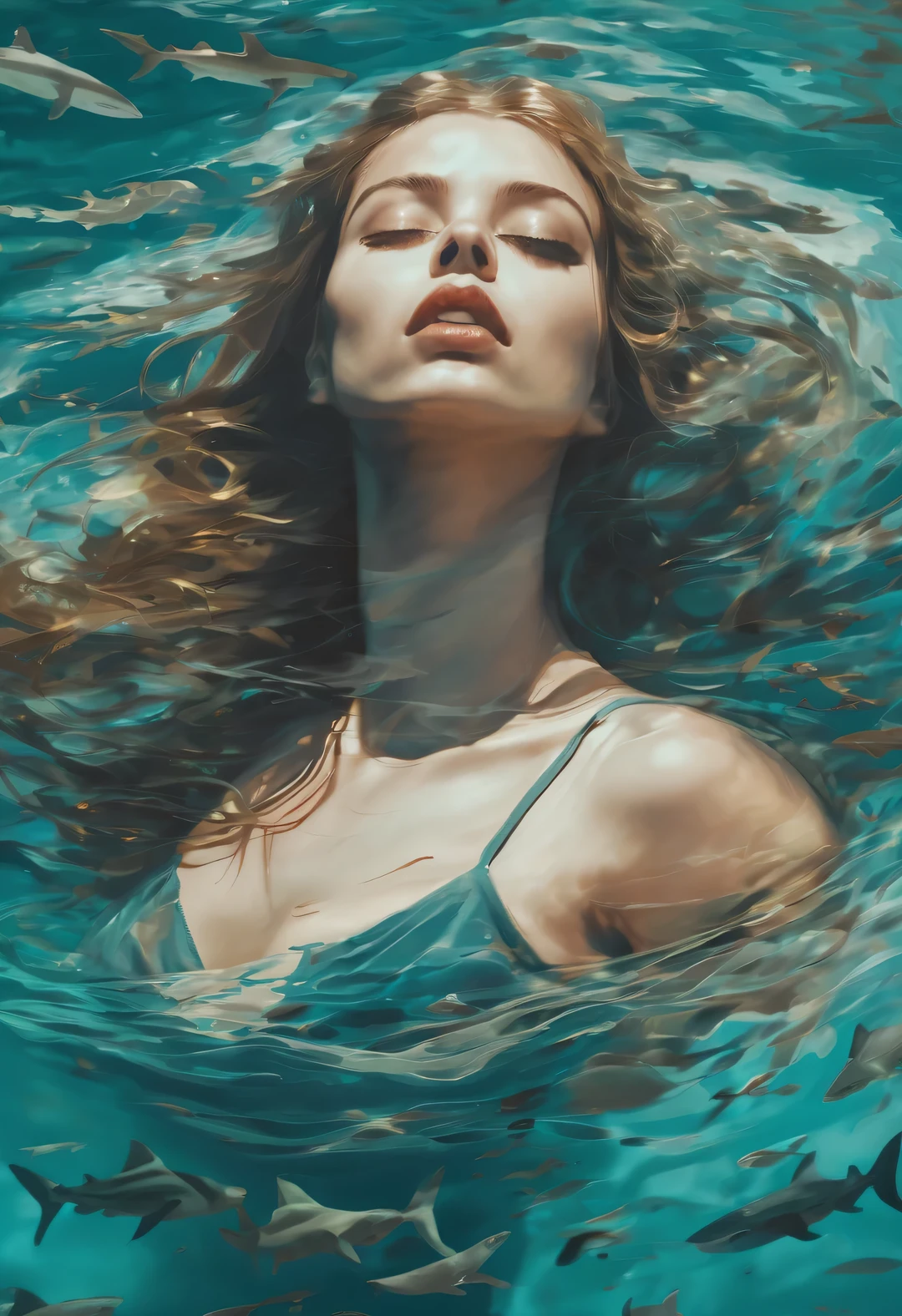 best quality,4k,8k,highres,masterpiece:1.2,ultra-detailed,photorealistic,advertising poster,mermaid,storm,monochromatic,harrowing,contrasting colors,dynamic lighting,water reflections,striking composition,dramatic atmosphere,mysterious concept