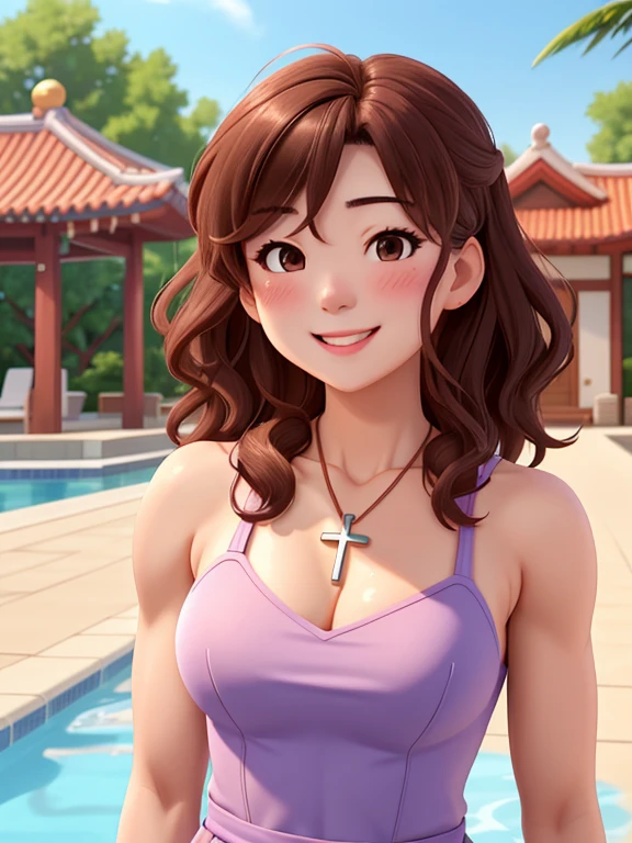 attractive korean woman, ripped muscle, muscular body, small breast, pale skin, smile(blush), nude, cross necklace, sixpack abs, [ultra detailed skin:1.2], brown hair, long wavy hair, 8k uhd, pussy, full body, crowd, public, night, poolside, standing,