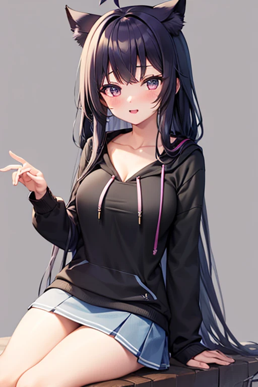 best quality, masterpiece, bishoujo, kawaii, student, blonde hair , long bangs, very long hair, long hair, purple eyes, gradient eyes, hoodie, glasses, cat ears,black ahoge