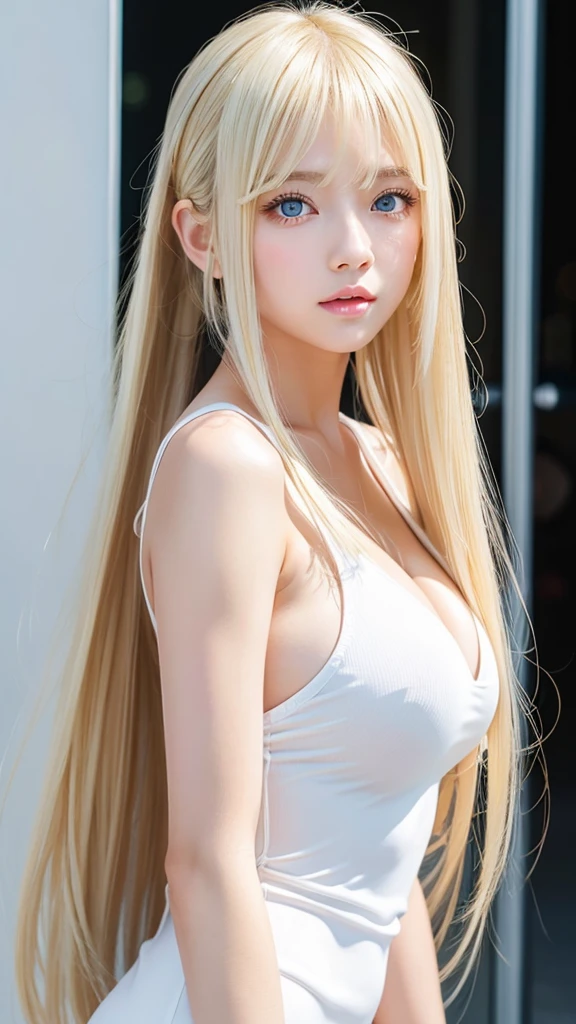 ponytail、silky white skin、sexy cute sexy little beautiful face、Glowing blonde dancing in front of cute face、Super long silky bangs that cover the eyes、Very beautiful bright light blue big eyes、very big eyes、blonde hiding her face、very long blonde hair、sexy cute young woman、Super long blonde shiny hair、blonde hair above the eyes、片blonde hair above the eyes、blonde between the eyes、very white bright glossy skin、cheek gloss highlight、very big bust