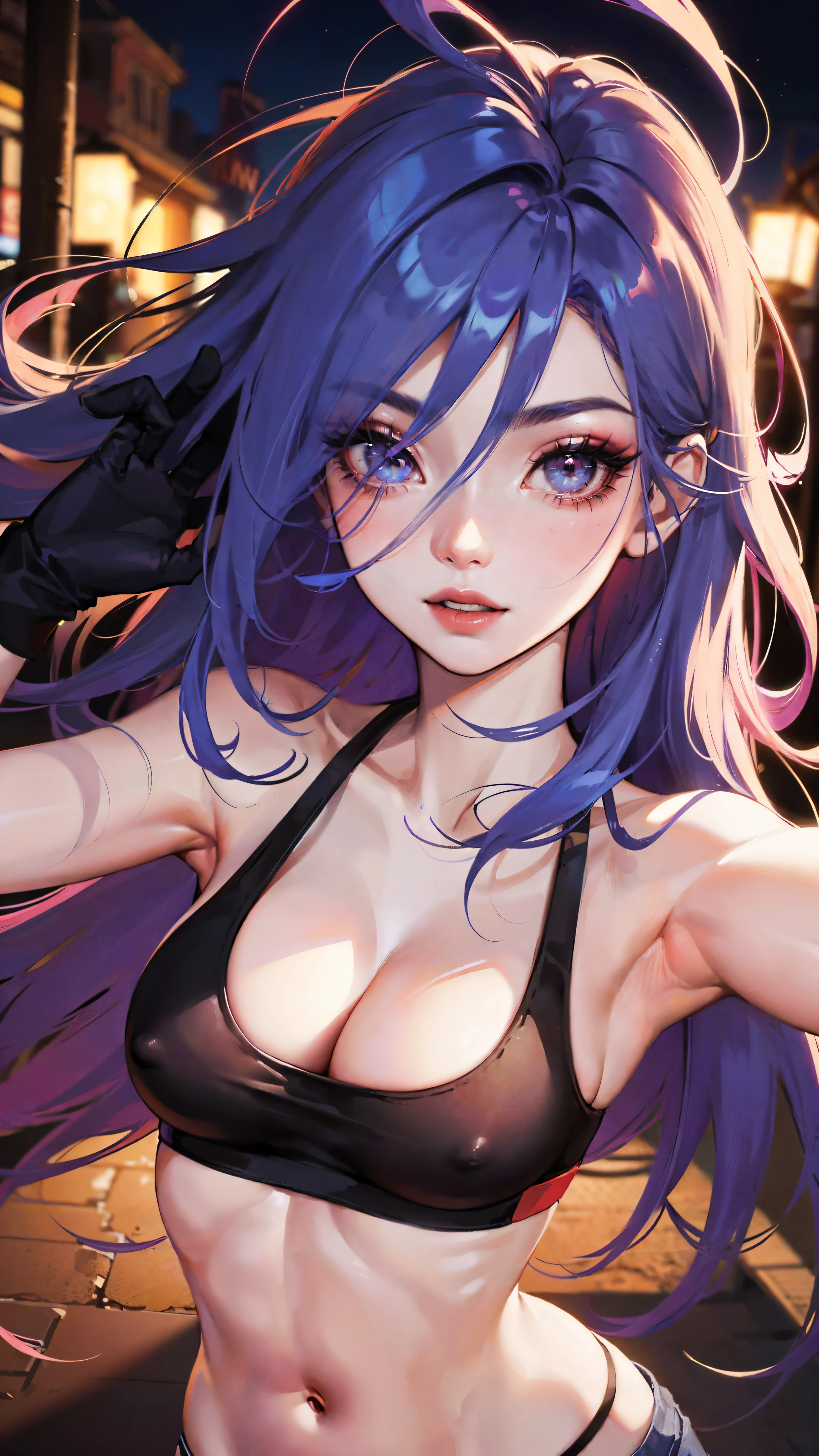 Jinx, fitness, sports bra, jeans, Fleshy thighs, Instagram pose, dynamic angle, Nipples, C cup, Happy expression, (entire body image:1.5), (8K, Best quality, A high resolution:1.35), (RAW photo:1.2), (Photorealsitic:1.37), (Masterpiece: 1.25), perspired: 0.2, Dramatic lighting, photon maping, Cyberpunk, symmetry, Complexity, Elegance, ((1 girl)), Large of breast, (Long eyelashes), detailed eyelashes, eye shadows, glowing eyes, Natural makeup, Clear facial features, curvy build, Exposed, (Showing stomach), ((Fine detailed beautiful eyes: 1.2)), Bad girl, Erotic, Street background, Night City, ((Night)), show armpits