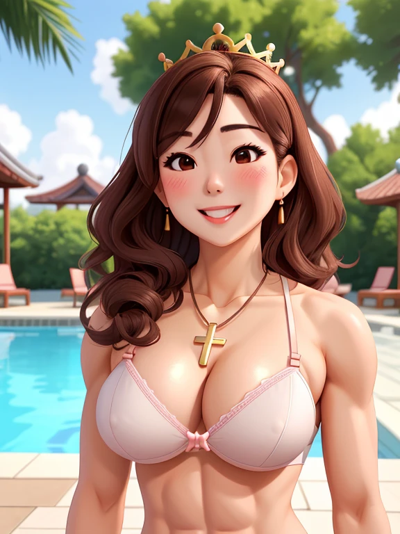 attractive korean woman, ripped muscle, muscular body, small breast, pale skin, smile(blush), lingerie, crown, cross necklace, sixpack abs, [ultra detailed skin:1.2], brown hair, wavy hair, 8k uhd, pussy, full body, crowd, public, poolside, standing,
