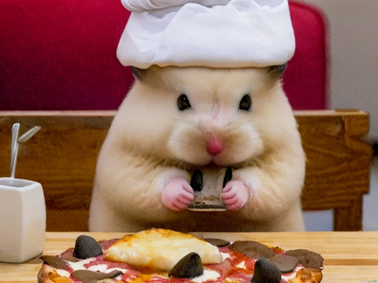 (masterpiece, highest quality, super detailed, very delicate and beautiful, High resolution, super detailed背景), 1 hamster, alone, Bake pizza, chef hat, perfect anatomy