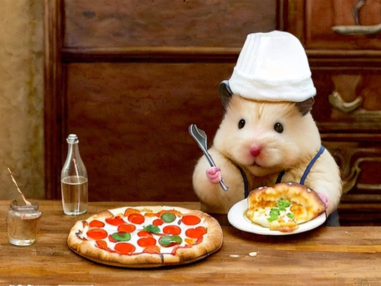 (masterpiece, highest quality, super detailed, very delicate and beautiful, High resolution, super detailed背景), 1 hamster, alone, Bake pizza, chef hat, perfect anatomy