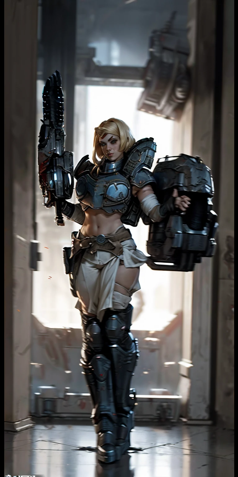 female warrior, warhammer sororita, Warhammer 40000: Boltgun, full body, ready for combat