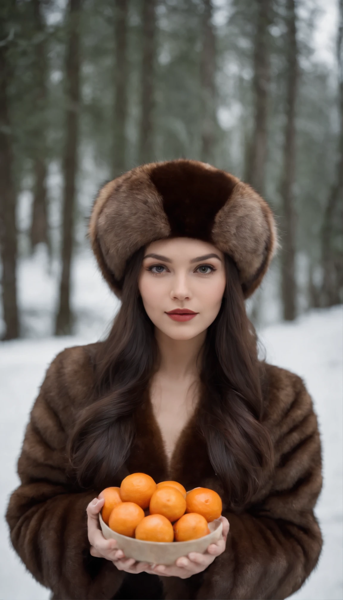 Russian girl, USSR, dark hair, in a mink coat and a fur hat, holding tangerines in her hands