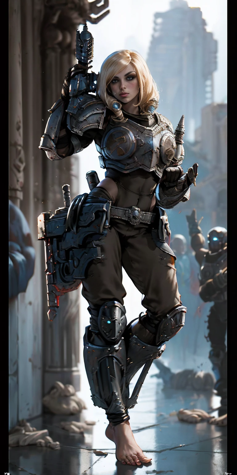 female warrior, warhammer sororita, Warhammer 40000: Boltgun, full body, ready for combat, heavy armor, barefoot
