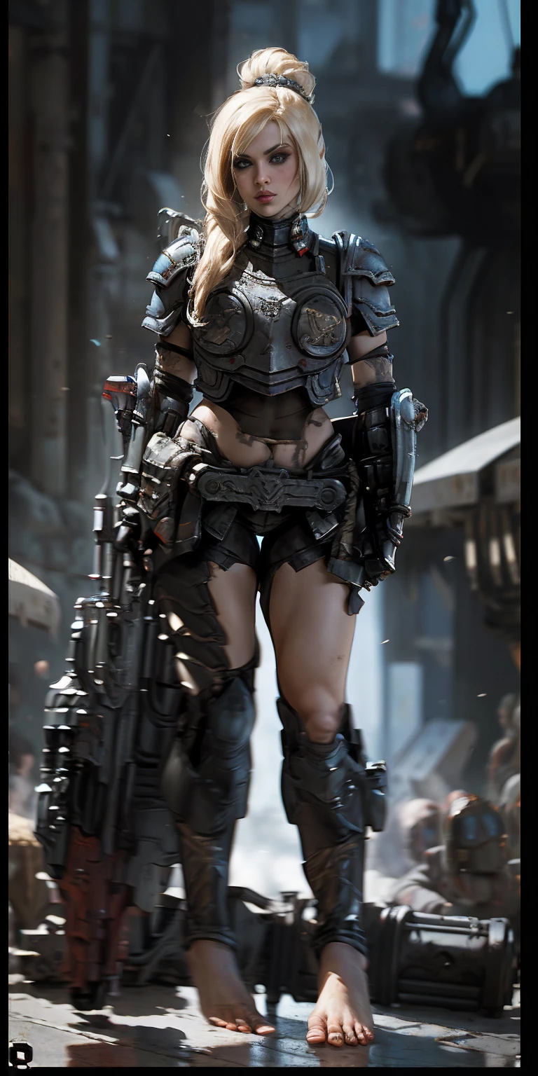 female warrior, warhammer sororita, Warhammer 40000: Boltgun, full body, ready for combat, heavy armor, barefoot
