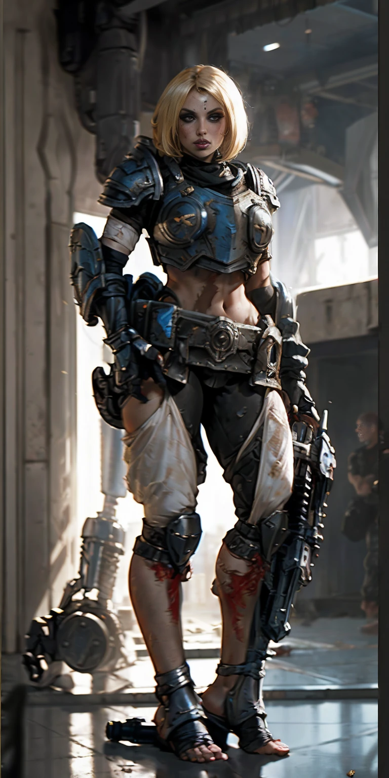 female warrior, warhammer sororita, Warhammer 40000: Boltgun, full body, ready for combat, heavy armor, barefoot
