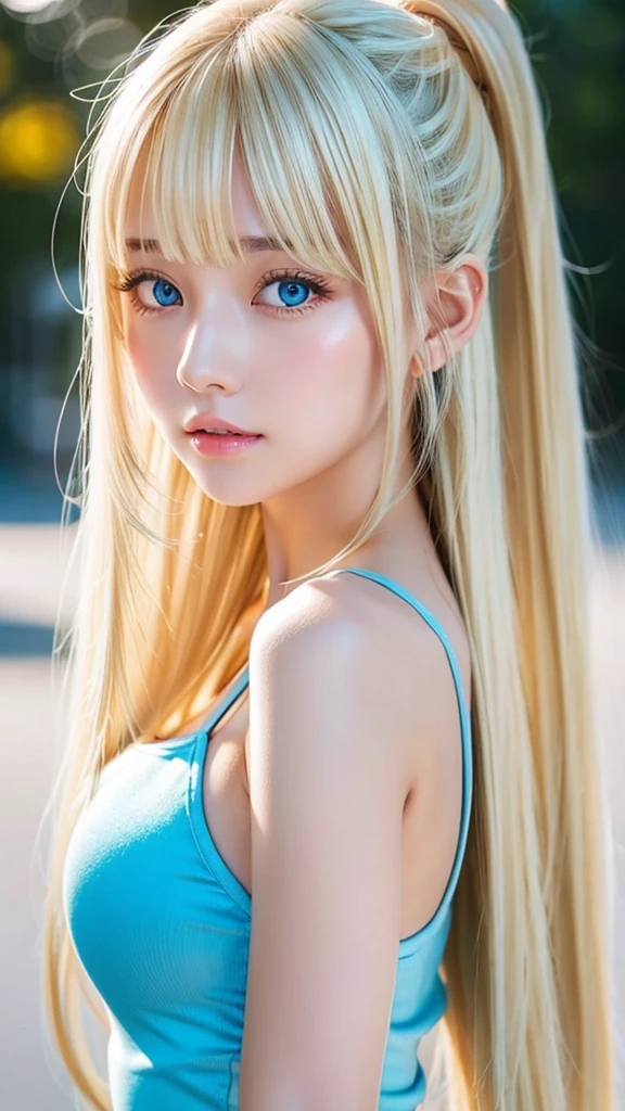 ponytail、silky white skin、sexy teen cute sexy little beautiful face、Glowing blonde dancing in front of cute face、Super long silky bangs that cover the eyes、Very beautiful bright light blue big eyes、very big eyes、blonde hiding her face、very long blonde hair、sexy cute young woman、Super long blonde shiny hair、blonde hair above the eyes、片blonde hair above the eyes、blonde between the eyes、very white bright glossy skin、cheek gloss highlight、very big bust