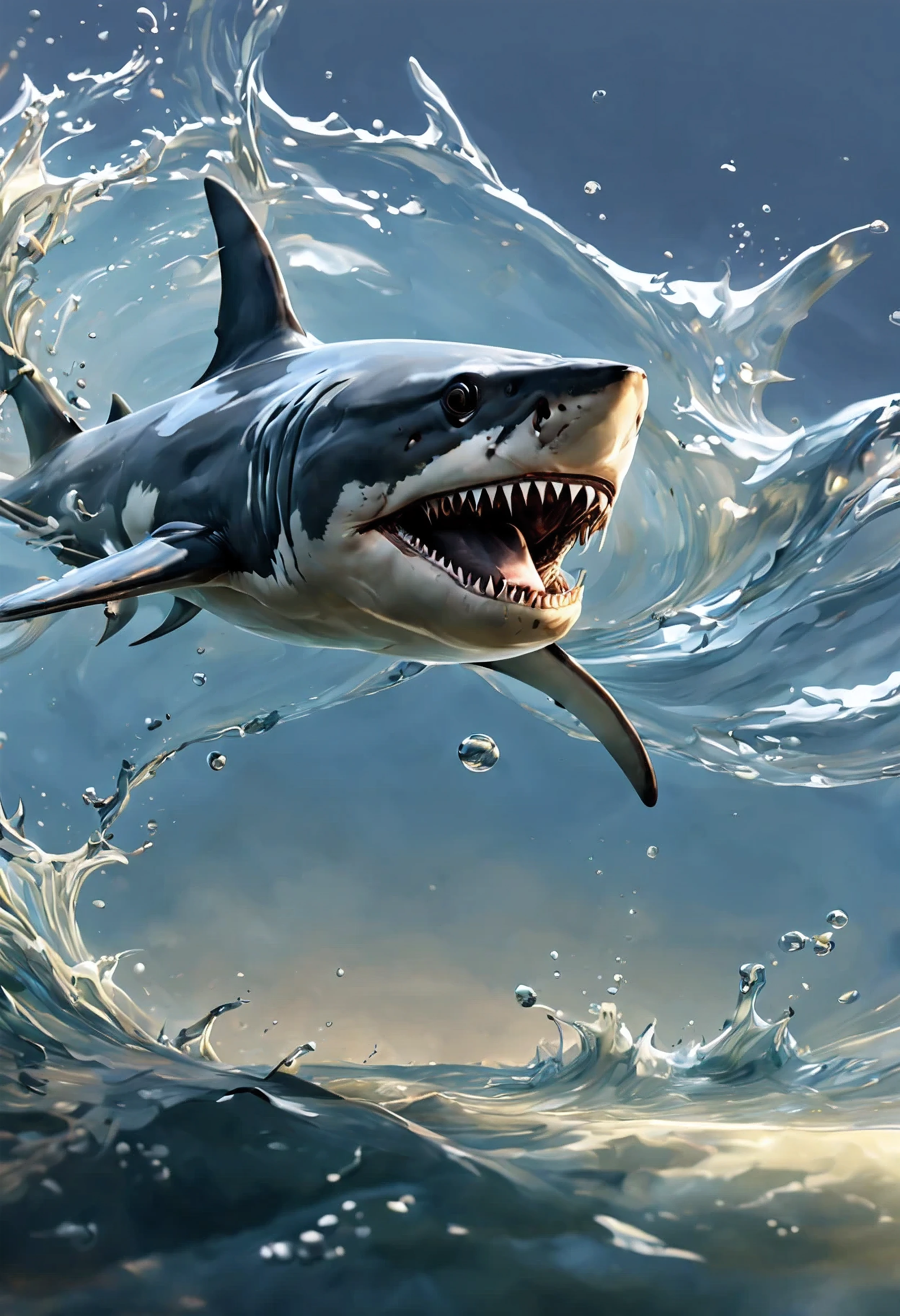 (((intricate detail:1.4))), (((extremely insane detail:1.4))),(((highest quality:1.3))), (((Soft colors 4k highly detailed digital art:1.3))). | Close up of angry majestic shark swimming, lean shark, vicious shark, ultimate predator, as jet of water reflect light, every jet detailed and rendered with a masterful gouache technique,surrounded by terrifying atmosphere of light and shadow art, bubble of water everywhere, great environment, subtly illuminateits beauty and strength captured,It gives a majestic aura.
