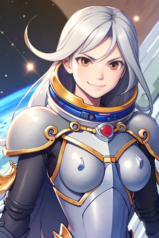 highest quality, ultra high resolution, (realism: 1.4), Depth of bounds written, beautiful face, (Pueros face_v1: 0.8), half body, | | 1 girl, Medium chest, (gray hair: 1.3), innocent smile, natural makeup, | | | model pose, | | (Spacesuit: 1.3), (blue armor: 1.3), Exquisite design, | | space background, performer_(null), moonlight, night, | |