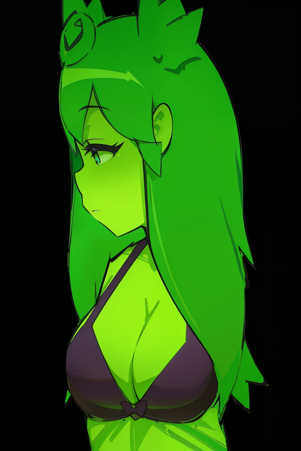 a cartoon girl with green hair and a purple bikini, cell shaded adult animation, piel de color verde!!, piel de color verde, cel - shading art style, piel verde!, piel verdened, piel verdosa, sombreado de celdas, lucio como mujer, mujer humanoide reptil caliente, aura brillante a su alrededor, ella Hulk, brillos verdes, full of greenish liquid