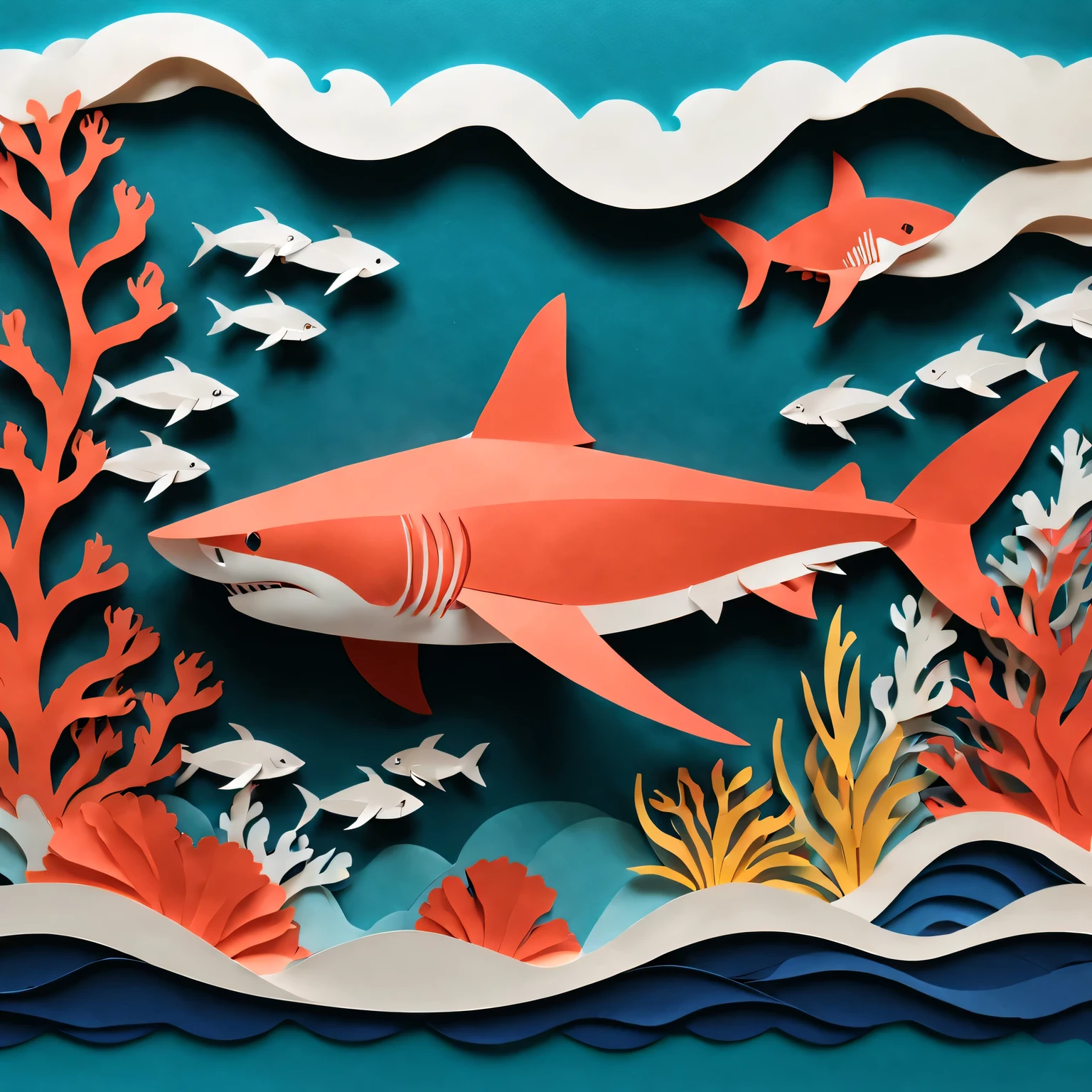 best quality,Super fine,lifelike,sharp focus,main,Paper-cut art,Paper cutting skills,Beautiful paper crafts,Beautiful paper art design,paper fish,paper shark,Bold and intricate paper cuts,醒目而lifelike的鲨鱼形状,Meticulous attention to detail,Detailed paper texture,Papercraft with depth and dimension,Creative use of negative space,paper silhouette art,Vibrant colors blend seamlessly,Tranquil ocean background with coral reef and seaweed,paper waves and water waves,subtle light and shadow,Paper sculptures inspired by folk art,反映中国文化遗产的paper shark艺术品,An artistic interpretation of the power and grace of sharks。