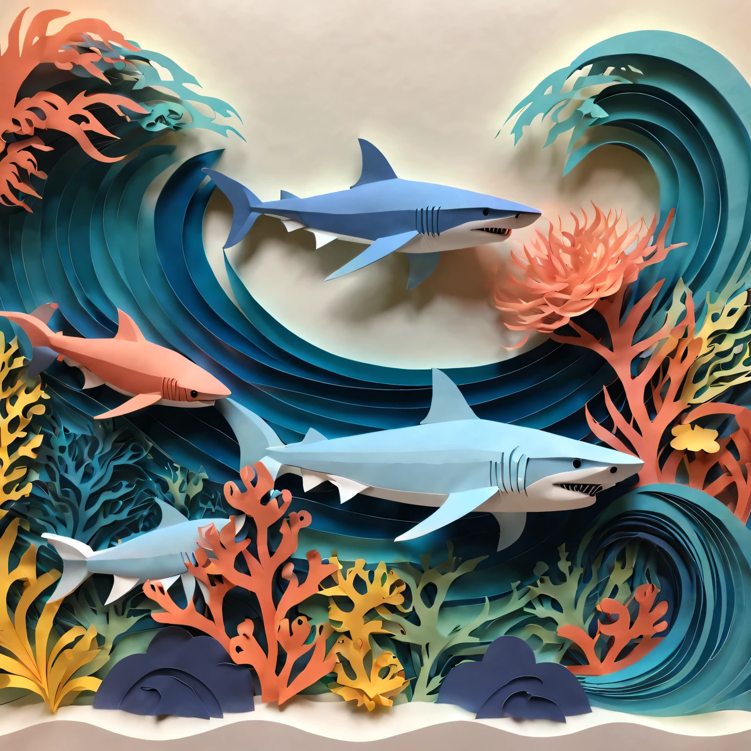 best quality,Super fine,lifelike,sharp focus,main,Paper-cut art,Paper cutting skills,Beautiful paper crafts,Beautiful paper art design,paper fish,paper shark,Bold and intricate paper cuts,醒目而lifelike的鲨鱼形状,Meticulous attention to detail,Detailed paper texture,Papercraft with depth and dimension,Creative use of negative space,paper silhouette art,Vibrant colors blend seamlessly,Tranquil ocean background with coral reef and seaweed,paper waves and water waves,subtle light and shadow,Paper sculptures inspired by folk art,反映中国文化遗产的paper shark艺术品,An artistic interpretation of the power and grace of sharks。
