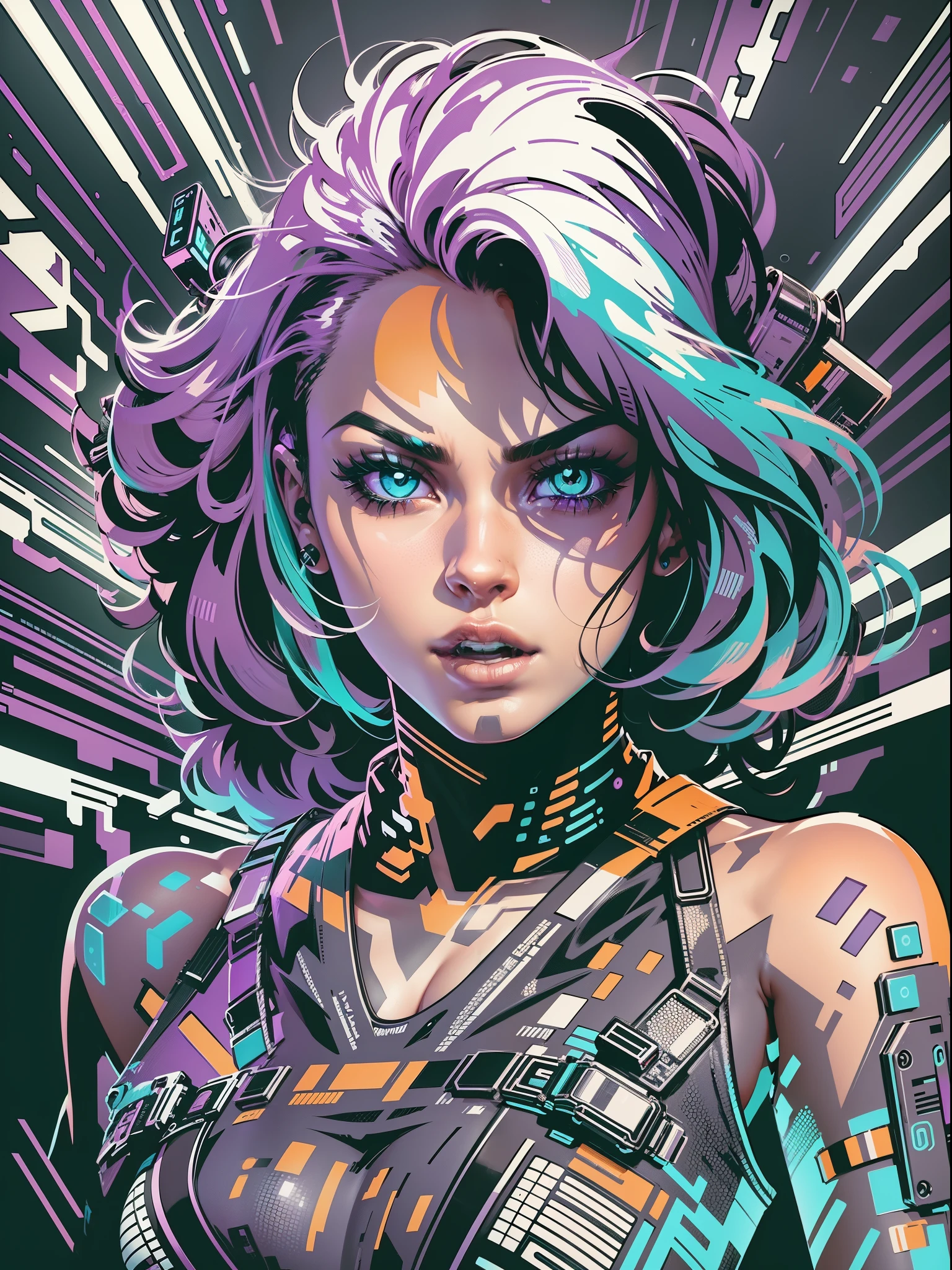 masterpiece, poster, dinamic composition, graphic design t-shirt, flat design, futuristic cyberpunk, girl in mix of tones, perfect body, goddess, shining skin, topless, sexy body, topless, flashing tits, natural tits, metal skin, metal nipples, laser beams, purple emissive eyes, colorful tones, clean highly detailed, vector image, smoke explosion, simple background, flat white background, vibrant composition, dinamic, bright vector ((white background) )