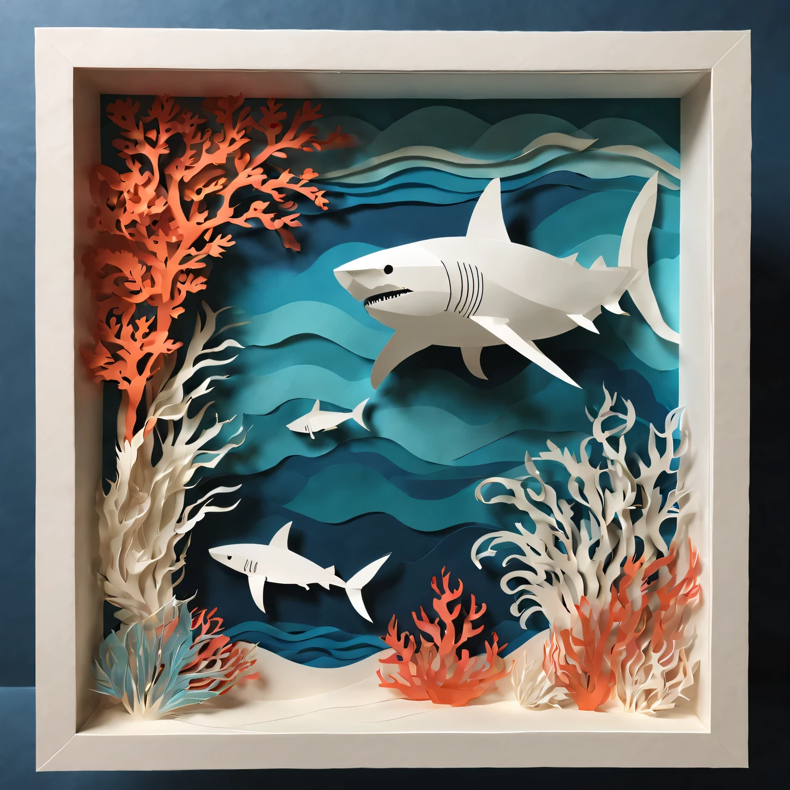 best quality,Super fine,lifelike,sharp focus,main,Paper-cut art,Paper cutting skills,Beautiful paper crafts,Beautiful paper art design,paper fish,paper shark,Bold and intricate paper cuts,醒目而lifelike的鲨鱼形状,Meticulous attention to detail,Detailed paper texture,Papercraft with depth and dimension,Creative use of negative space,paper silhouette art,Vibrant colors blend seamlessly,Tranquil ocean background with coral reef and seaweed,paper waves and water waves,subtle light and shadow,Paper sculptures inspired by folk art,反映中国文化遗产的paper shark艺术品,An artistic interpretation of the power and grace of sharks。