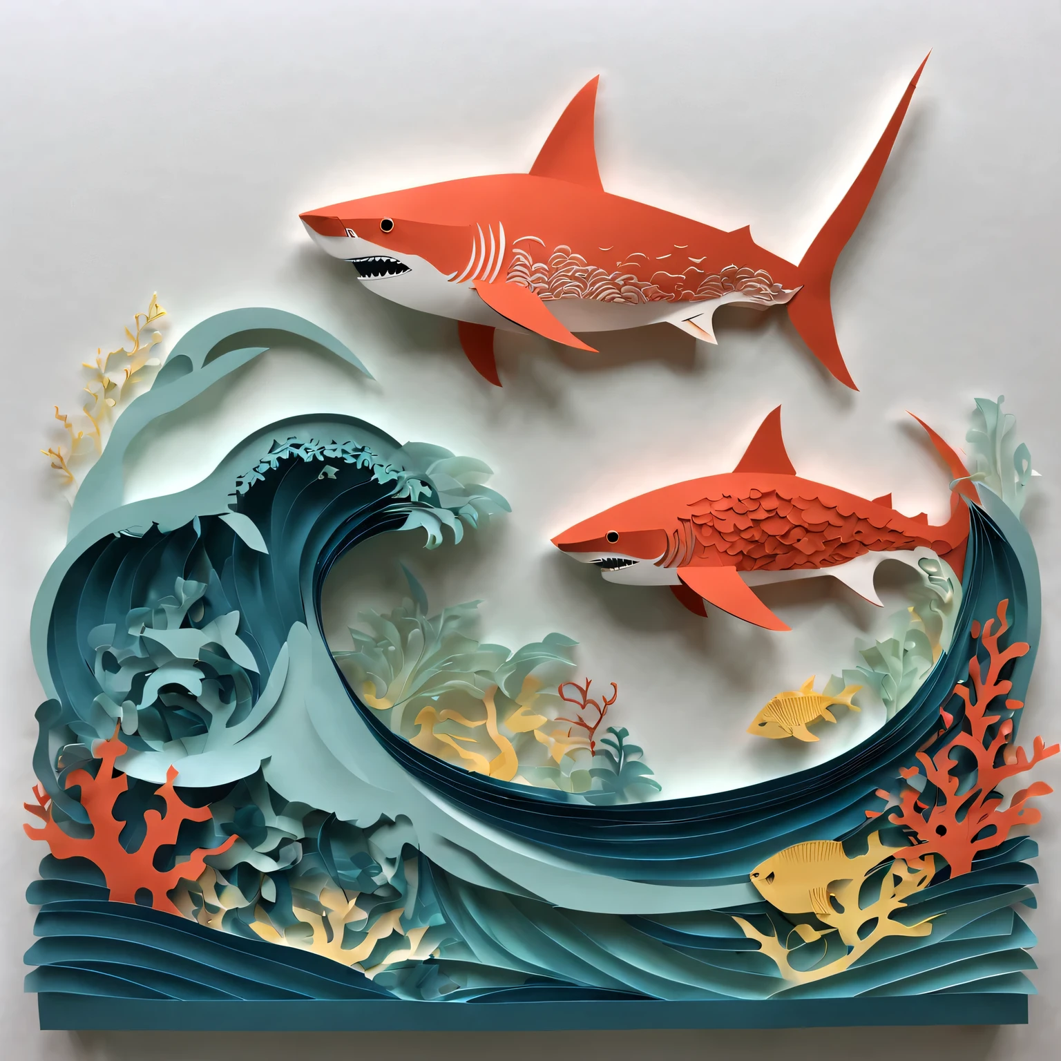 best quality，Super fine，lifelike，sharp focus，main，Paper-cut art，Paper cutting skills，Beautiful paper crafts，Beautiful paper art design，paper fish，paper shark，Bold and intricate paper cuts，醒目而lifelike的鲨鱼形状，Meticulous attention to detail，Detailed paper texture，Papercraft with depth and dimension，Creative use of negative space，paper silhouette art，Vibrant colors blend seamlessly，Tranquil ocean background with coral reef and seaweed，paper waves and water waves，subtle light and shadow，Paper sculptures inspired by folk art，反映中国文化遗产的paper shark艺术品，An artistic interpretation of the power and grace of sharks。