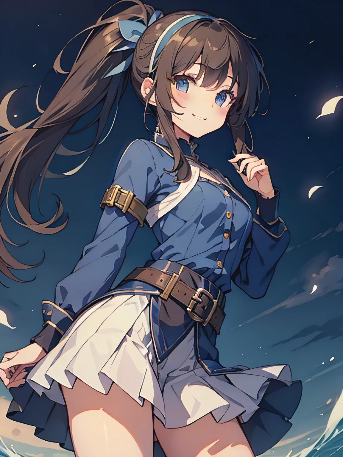highest quality、very delicate and beautiful、teenage girl、small breasts、((((solo girl))))、11 year old girl、(dark brown hair)、Blue clothes with vertical buttons、Belt at waist、white skirt、((ponytail))、(white hair band)、(brown boots)、blue eyes、Are standing、lazy smile、