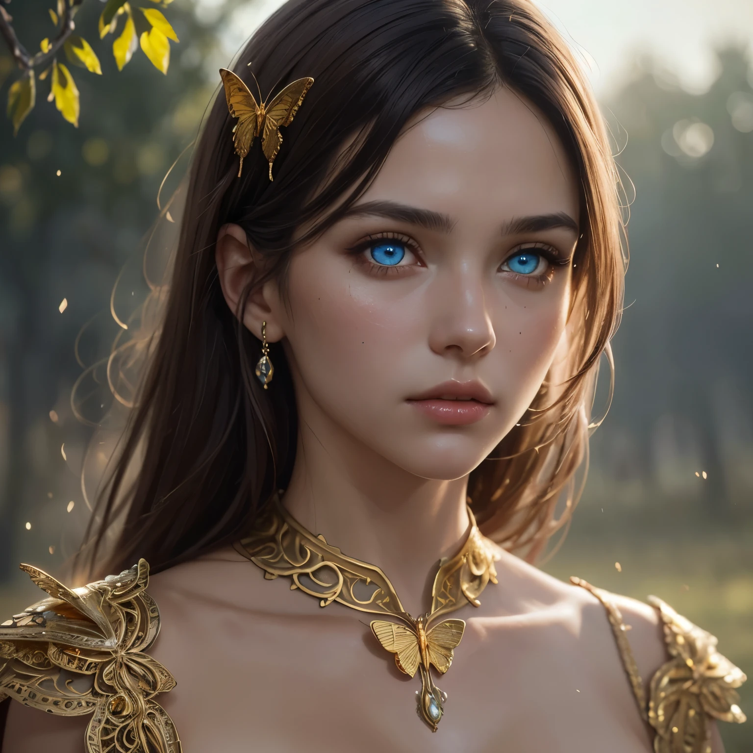 8k portrait of beautiful cyborg with brown hair, professional model smiling for the camera, intricate, elegant, highly detailed, majestic, digital photography, art by artgerm and ruan jia and greg rutkowski surreal painting gold butterfly filigree, broken glass, (masterpiece, sidelighting, finely detailed beautiful eyes: 1.2), hdr.