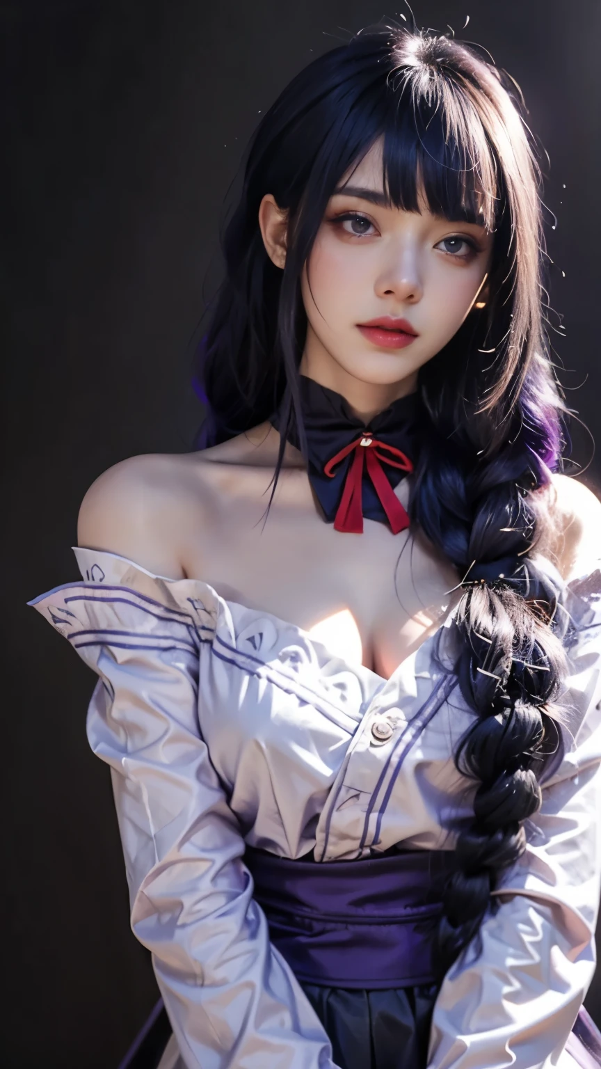 background（Black night sky，Big moon），Close-up of a woman，Wearing a white shoulder shirt、purple hair，Very long hair，Very thick braids，purple eyes，big ， Realistic girl rendering, 8k artistic german bokeh, Seductive girl, realistic young girl, Gurwitz, Gurwitz-style artwork, Girl role play, Realistic 3D style, Popular topics on cgstation,, 8K portrait rendering,（fidelity，fidelity：1.4）