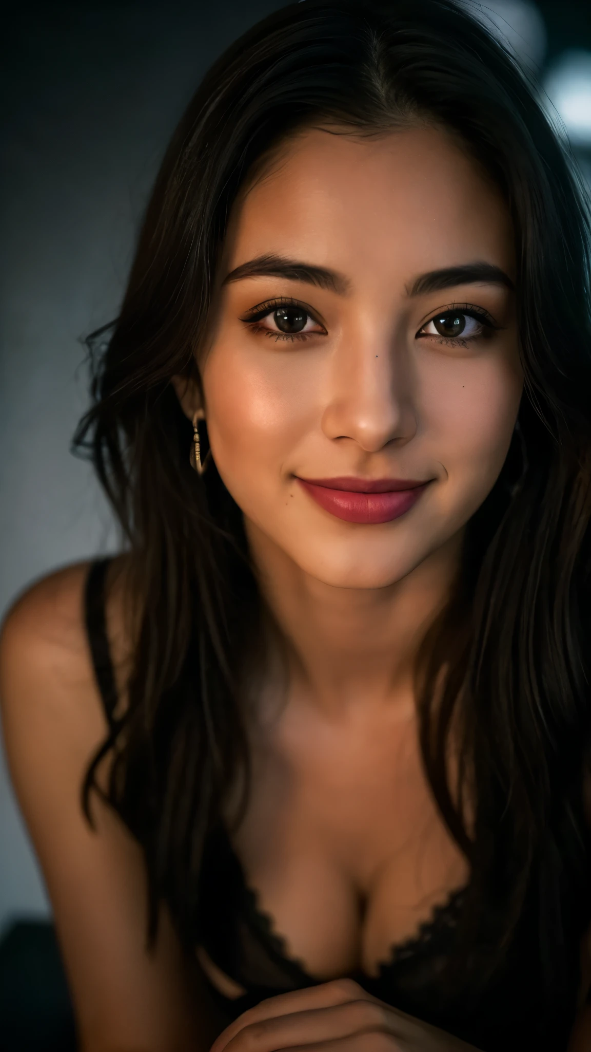 (best quality,highres,masterpiece:1.2),ultra-detailed,realistic,portrait,beautiful woman,26 years old,expressive,cute face,black dress,happy face,cinematic shot,dramatic lighting,hard shadows