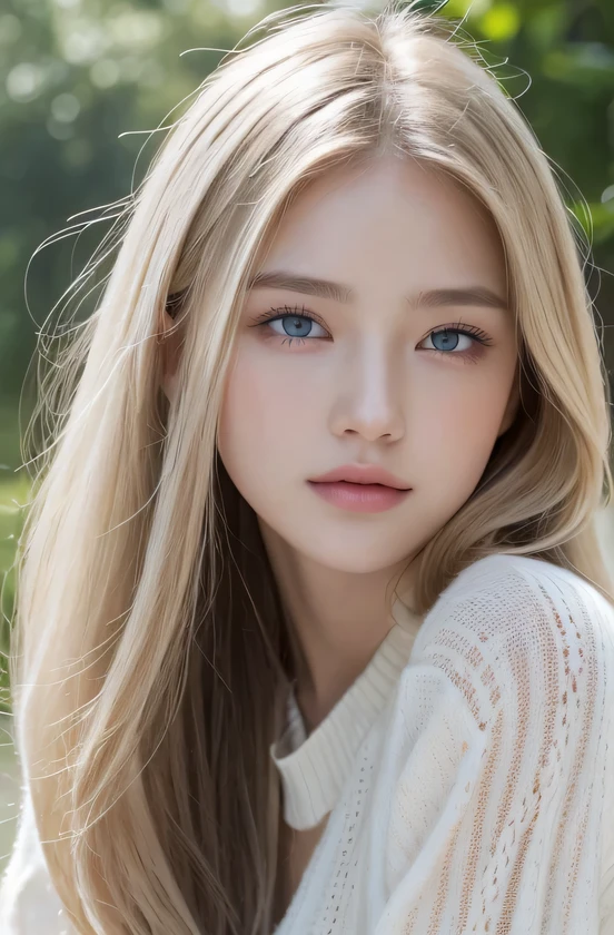 14Caucasian model at the age, full body image,((Clean clothes)), white clothes, skin color, Pretty Caucasian Woman, gray hair, lazy smile, (8K, Live shooting, highest quality, masterpiece: 1.2), masterpiece, Super detailed, ultra high resolution, (realistic and realistic photos: 1.37), High-definition RAW color photo, very delicate and beautiful, 非常にbe familiar with, 8k wallpaper, wonderful, be familiar with, 非常にbe familiar withな目, realistic skin texture, 非常にbe familiar withな指, 非常にbe familiar with nose, 非常にbe familiar withな口, , Photo above the knee, , See-through feeling、transparent processing、wearing a white sweater、, gray hair, blue eyes, masterpiece, realistic skin texture, 超be familiar with, shiny hair and white skin, 、 natural skin texture、Juvenile impression、Photo above the knee、blue eyes、、、innocent face、gentle and big eyes、natural skin texture、round face、kind eyes、long white beautiful hair、、small face、No decorations included