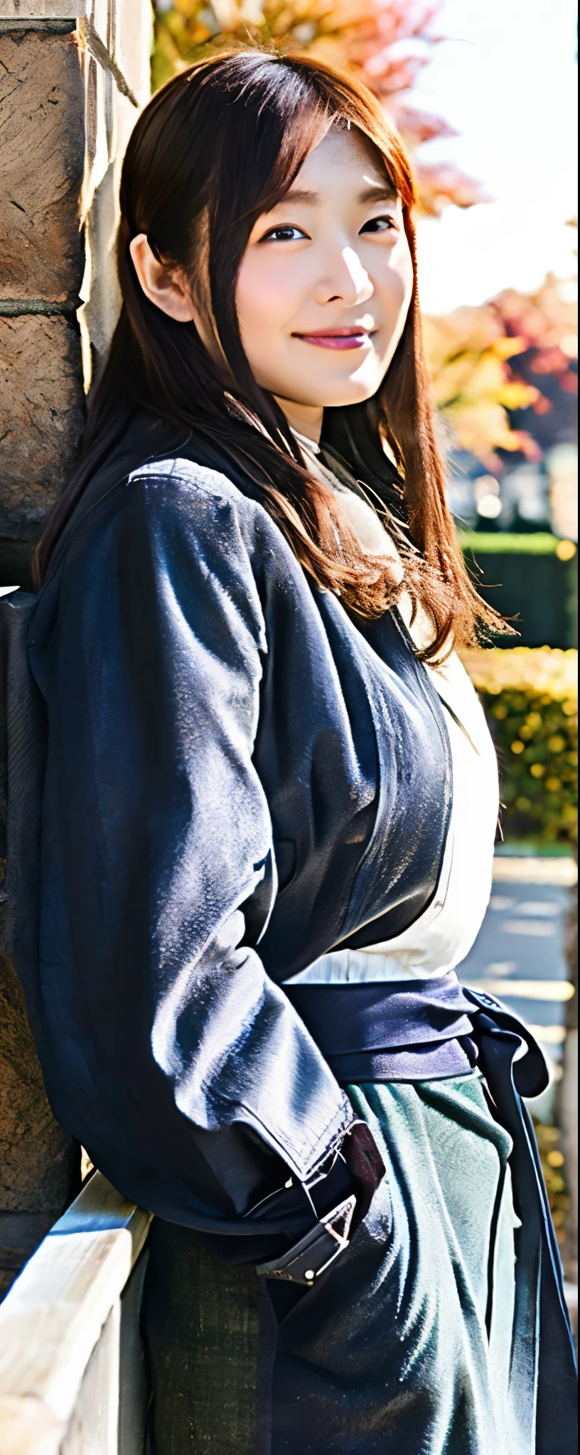 (8k, RAW photos, top quality, masterpiece: 1.2, ultra detailed, super resolution, real photos: 1.37), (Full body:1), 1 noble elegant Japanese lady, (standing contrapposte), winter season, ((black color coodinate, wearing over-size nouton coat, winter fluffy scarf, grey long skirt, legging, wearing long boots)), Shiny, Smile, Looks like 1.8 meters tall, large pelvis, Large breasts, big cuvy hips, Thin waist, Long legs, skin hyper-detail, 20 years old, Perfect face, (Detailed facial features), Wavy hair, Daylight, autumn season, snazzy cafe,