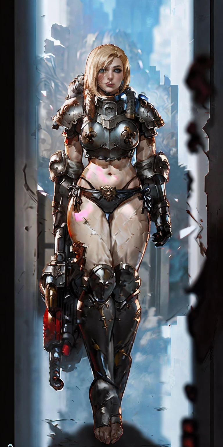 1 girl, ())), (((wearing short bikini))), anime, anime style, ray tracing, glare, drop shadow, panorama, Sony FE, 8k, UDisk, masterpiece, accurate, anatomically correct, Super Detail, best quality, ultra high resolution, UDisk hard, 16k, camera on the floor, female warrior, warhammer sororita, Warhammer 40000: Boltgun, full body, ready for combat, heavy armor, barefoot

