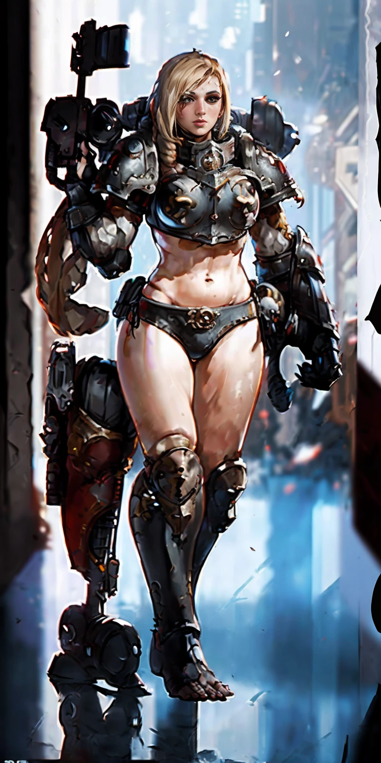 1 girl, (medium breasts))), (((wearing short bikini))), anime, anime style, ray tracing, glare, drop shadow, panorama, Sony FE, 8k, UDisk, masterpiece, accurate, anatomically correct, Super Detail, best quality, ultra high resolution, UDisk hard, 16k, camera on the floor, female warrior, warhammer sororita, Warhammer 40000: Boltgun, full body, ready for combat, heavy armor, barefoot

