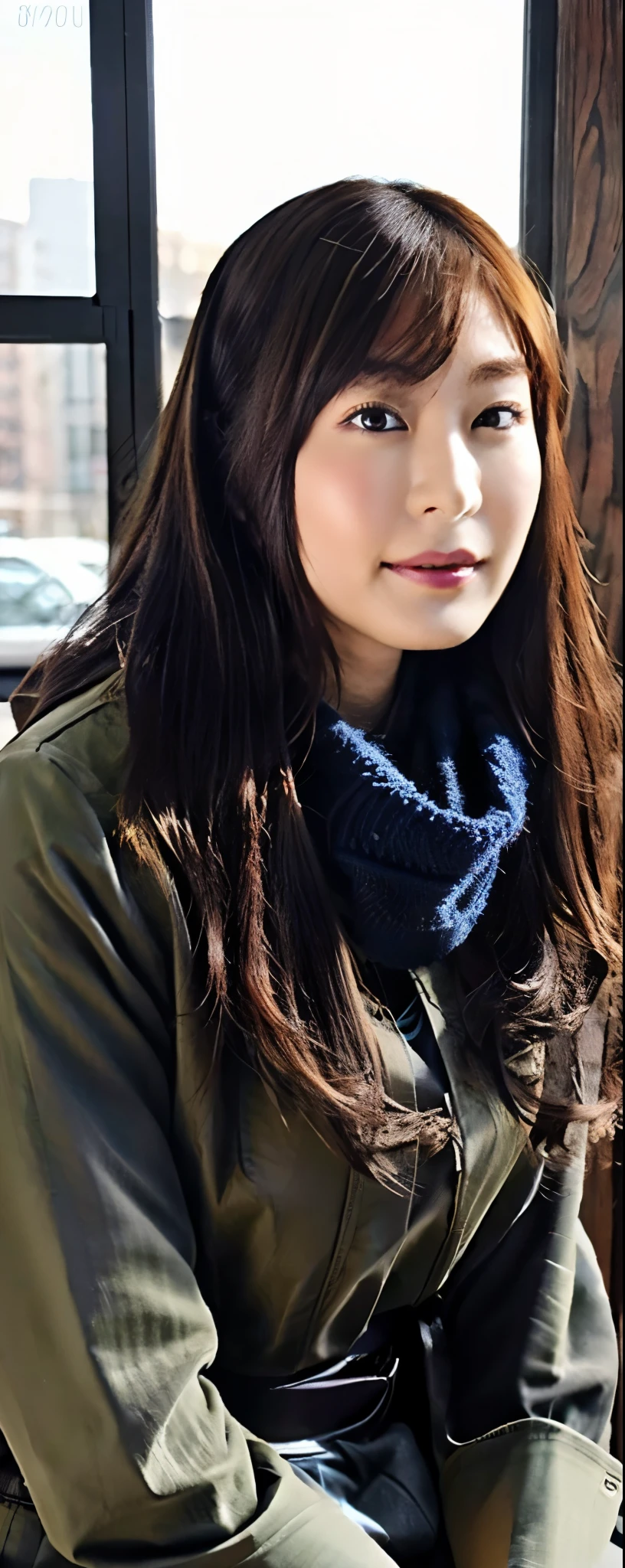 (8k, RAW photos, top quality, masterpiece: 1.2, ultra detailed, super resolution, real photos: 1.37), (Full body photo), 1 noble elegant Japanese lady, (standing contrapposte), winter season, ((black color coodinate, wearing over-size nouton coat, winter fluffy scarf, grey long skirt, legging, wearing long boots)), Shiny, Smile, Looks like 1.8 meters tall, large pelvis, Large breasts, big cuvy hips, Thin waist, Long legs, skin hyper-detail, 20 years old, Perfect face, (Detailed facial features), Wavy hair, Daylight, autumn season, snazzy cafe,