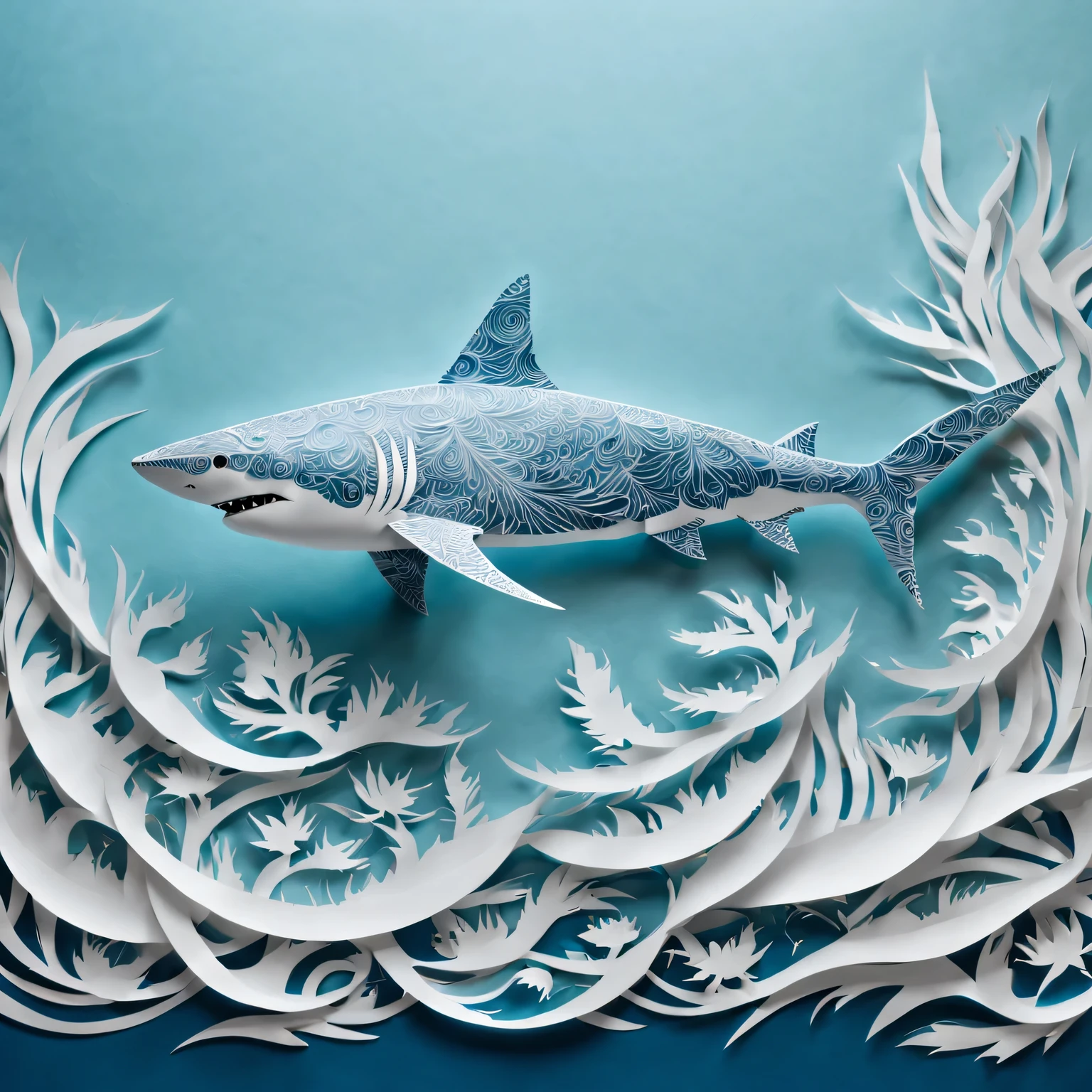 best quality,high resolution,Super detailed,actual,sharp focus,professional,Paper-cut art,Paper cutting technology,exquisite paper crafts,Beautiful paper art design,paper fish,paper shark,Bold and intricate paper cuts,Eye-catching and lifelike shark shapes,Meticulous attention to detail,Delicate paper texture,Paper artwork with depth and dimension,Creative use of negative space,paper silhouette art,Folk art inspired paper sculptures,paper shark artwork reflecting Chinese cultural heritage,An artistic interpretation of the power and grace of sharks.