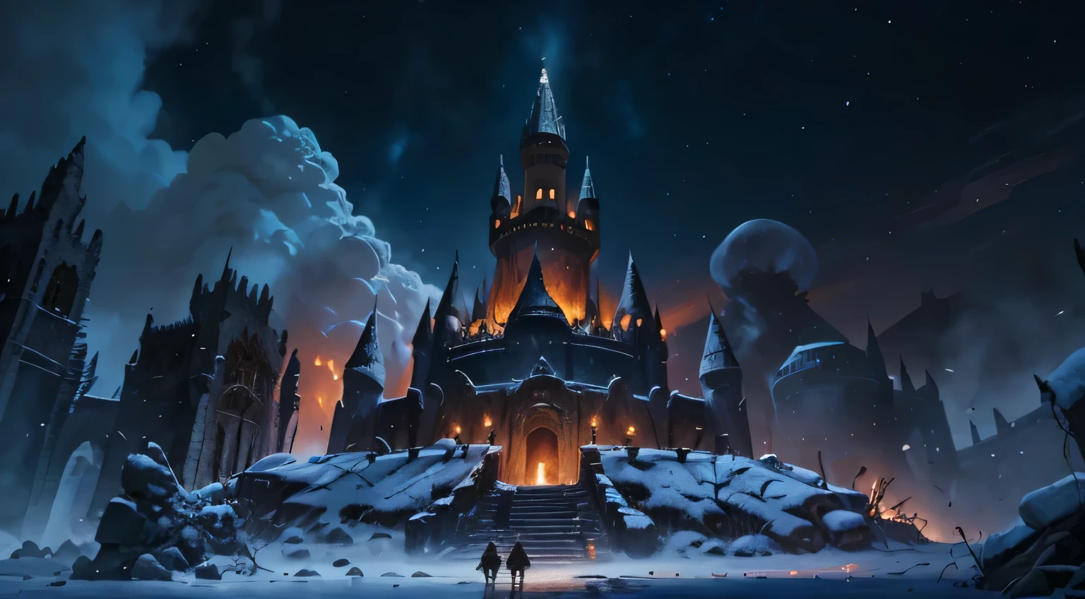 um grande castelo em uma colina com um fogo no meio, Uma cidade antiga em chamas, castle destroyed, ruins of hell, Ira, Flame and Ruin, dantes inferno, Arte conceitual de darksouls, Arte conceitual de Dark Souls, fundo do inferno, Dota! arte conceitual de pintura fosca, para arte conceitual de personagem de honra, Hiper-realista D & d fantasy art, arte do jogo de fantasia medieval  