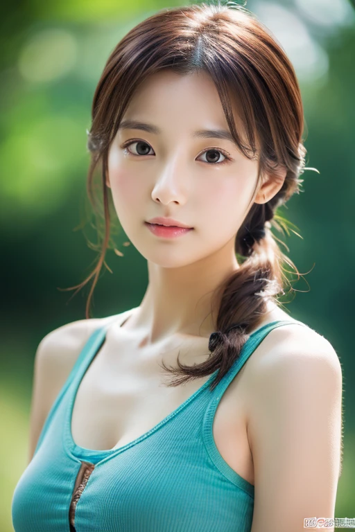 finely detail, hight resolution, hightquality、Perfect dynamic composition, Beautiful detailed eyes, Medium Hair, small tits、Natural Color Lip,Kamimehibuya、20 years girl、1 persons、Transparent skin、Glowing hair、masutepiece, Best Quality, Illustration, Ultra-detailed, finely detail, hight resolution, 8K、The correct state of the human body、Randomly cute poses,Ponytail hair,beauty legs,Perfect beautiful face,KPOP Idol Face,Face that feels ecstasy,turqoise tank top,Background blur, exposed cleavage
