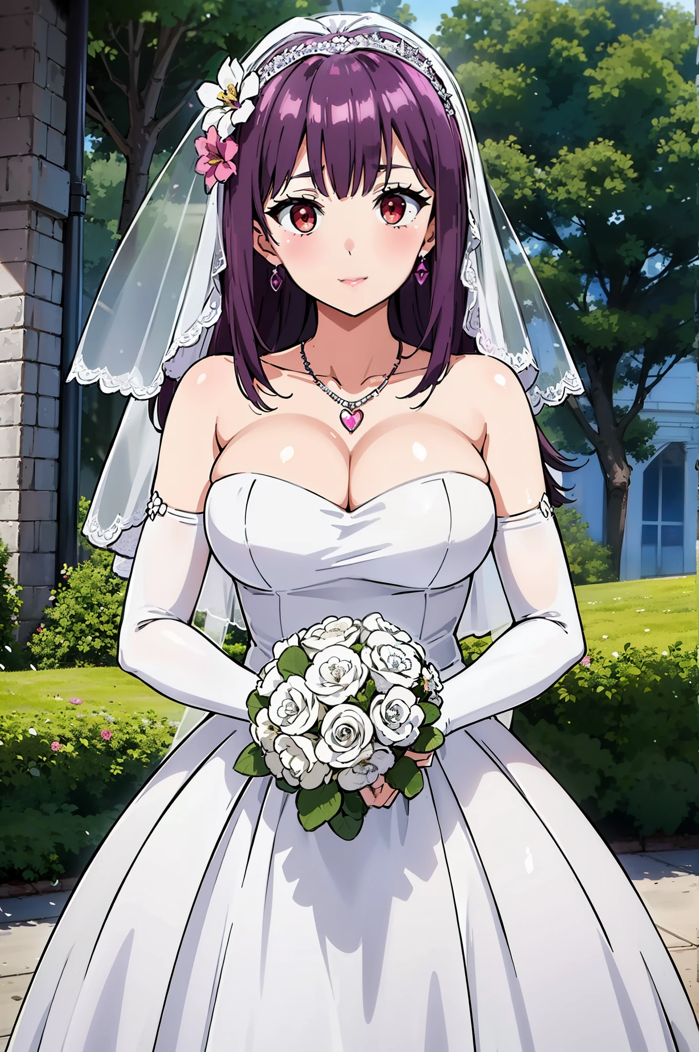 
red eyes,Bangs, purple_hair, long_hair,
 Close-up of beautiful bride in bridal dress,Gurwitz，Blushing face，Head flower，headgear，（tube top wedding dress：1.5），（silk dress：1.2）,（strapless wedding dress：1.5）,pure white dress，necklace，earrings,(large breasts:1.3)，Neck ornaments，Deep V peach heart collar wedding dress，Bangs，Bouquet，lipstick，（White long elbow gloves：1.3），(Bridal veil:1.2），（Transparent short veil：1.2），Bust photo,High detail RAW color art,Tyndall phenomenon,front，Half body